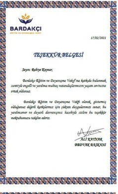 Teşekkür Belgesi — Rabiye Kaynar