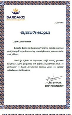 Teşekkür Belgesi — Aziz Yıldırım