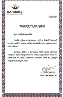 Teşekkür Belgesi — Mahir Erman Güler